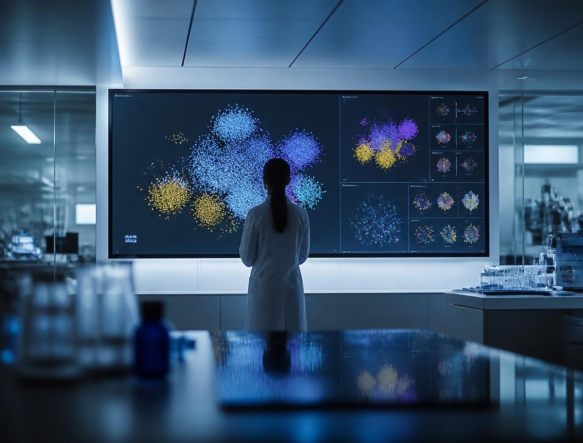 Researcher reviewing single-cell data clusters on a large display